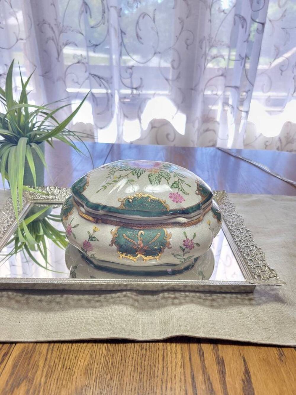 Vintage Porcelain Lidded Trinket Box Hand Painted Floral Gold Vanity Jar